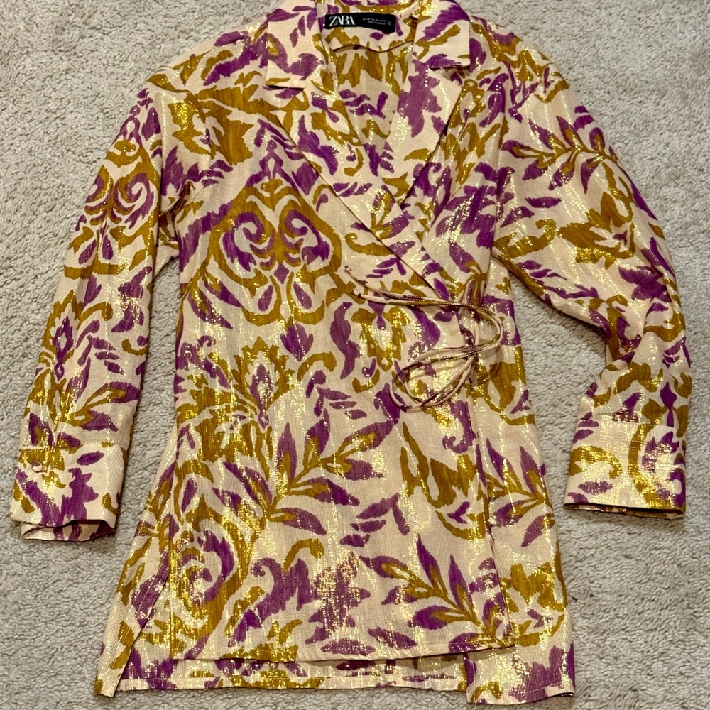 Zara Metallic Floral Wrap Blazer in Gold, Purple, Cream